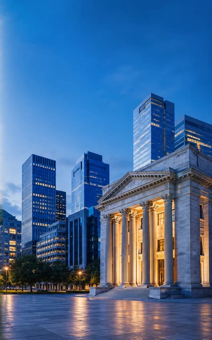 City skyline with a classical bank building at dusk